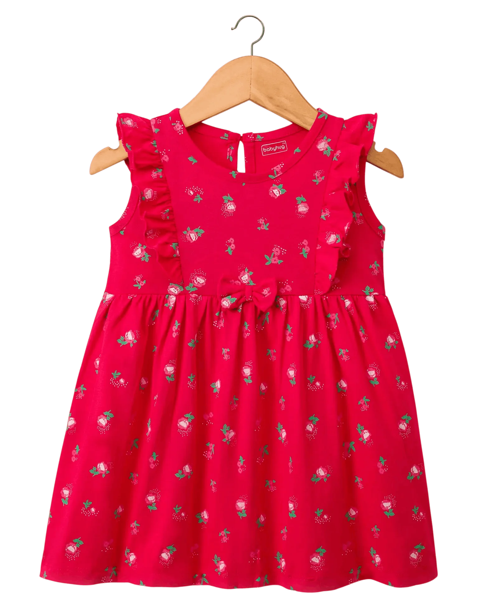 Babyhug Single Jersey Knit Frill Sleeves Frock with Floral Print & Bow Applique - Red