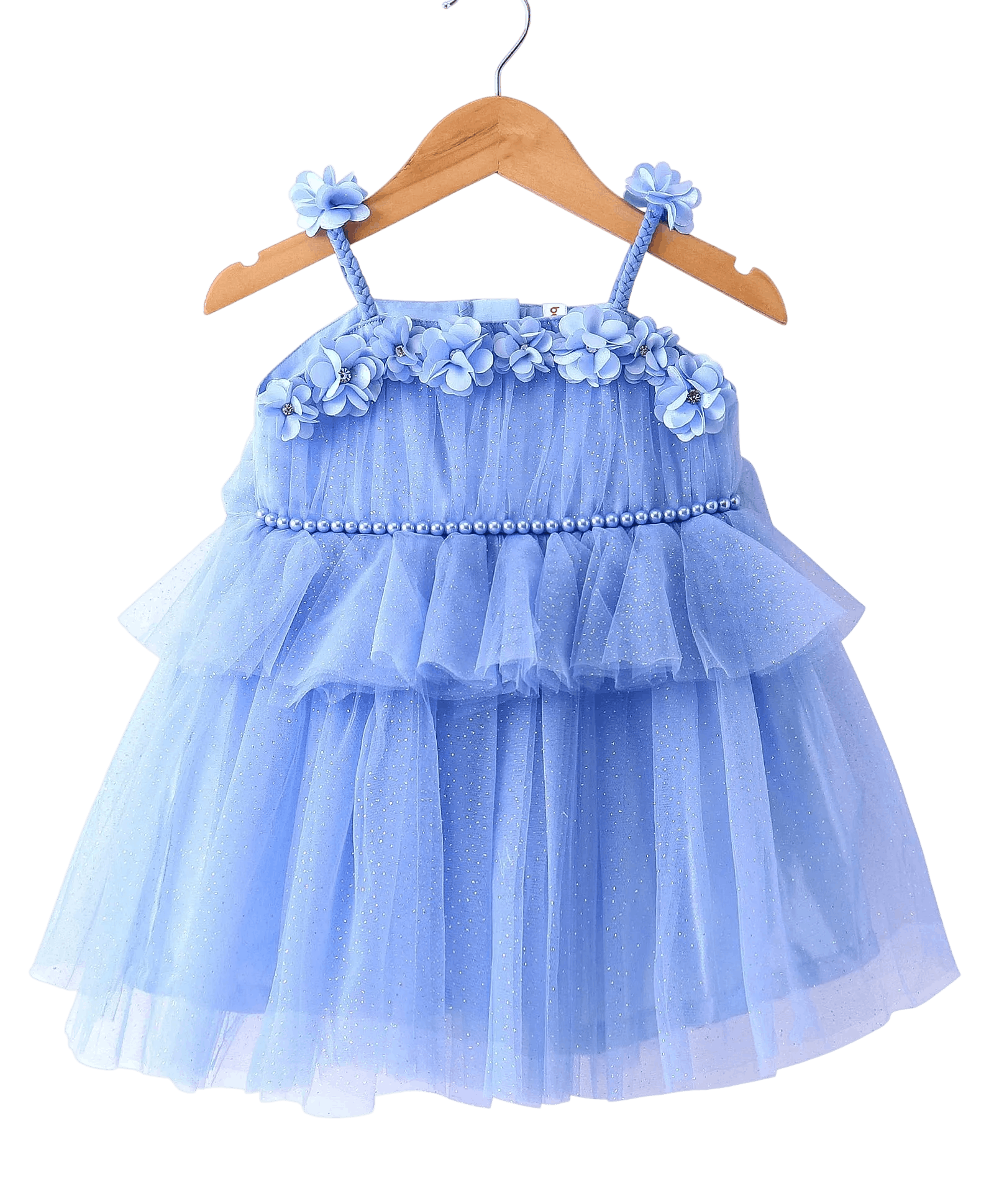 Babyhug Woven Sleeveless Shimmered Ruffled Party Frock with Floral Applique - Blue