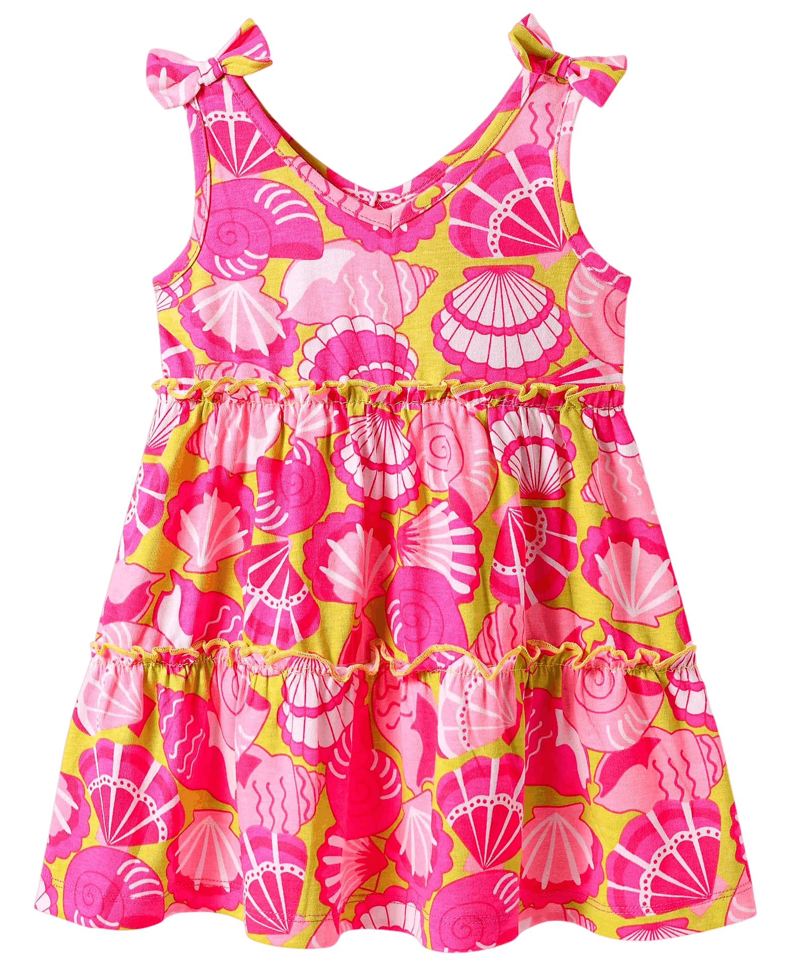 Babyhug Single Jersey Knit Sleeveless Frock With Seashells Print & Bow Applique - Yellow & Dark Pink